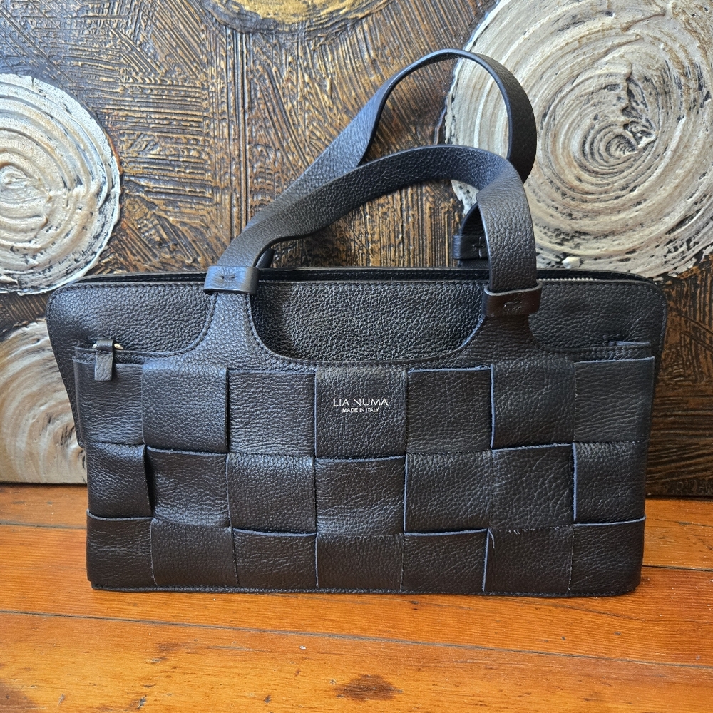 Lia Numa Black Leather Basket Weave Handbag (Made In Italy)